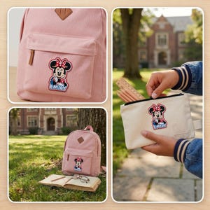 May include: A light pink backpack and pencil case featuring a Minnie Mouse patch with the name "EMILY". The backpack has a front pocket and a brown leather patch. The pencil case is beige and is being held by a person.