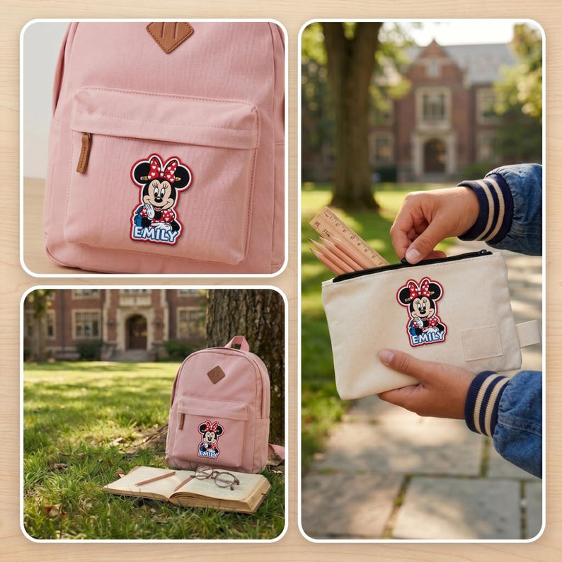 May include: A light pink backpack and pencil case featuring a Minnie Mouse patch with the name "EMILY". The backpack has a front pocket and a brown leather patch. The pencil case is beige and is being held by a person.