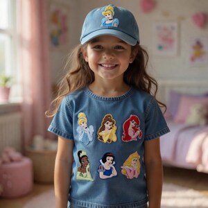 May include: A young girl wearing a light blue denim cap and t-shirt. The cap features a Cinderella graphic, and the shirt has patches of Disney princesses: Cinderella, Belle, Ariel, Tiana, Snow White, and Aurora. The background is a bedroom.