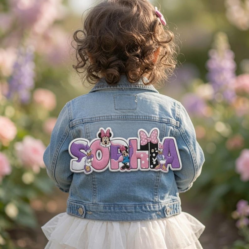 May include: A light blue denim jacket featuring a large, custom embroidered patch on the back. The patch displays the name SOPHIA in purple and pink lettering, decorated with various Minnie Mouse and Daisy Duck character illustrations.
