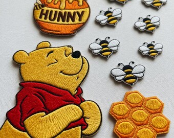 Geborduurde patch Pooh Bear Honey, schattige Pooh Bee opstrijkbare patch, Hunny Pot honingraatbadge opnaaien jas rugzak, cadeau Pooh Bear