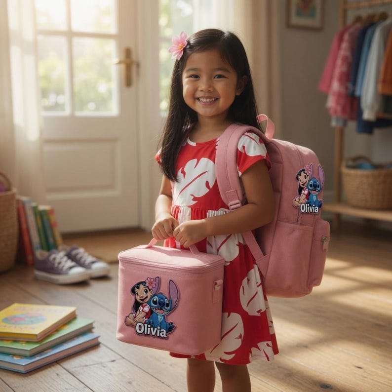May include: A pink backpack and a matching pink lunch bag, both featuring a graphic of Lilo and Stitch with the name Olivia printed below. The backpack has adjustable straps and the lunch bag has a top handle, both made of durable fabric.