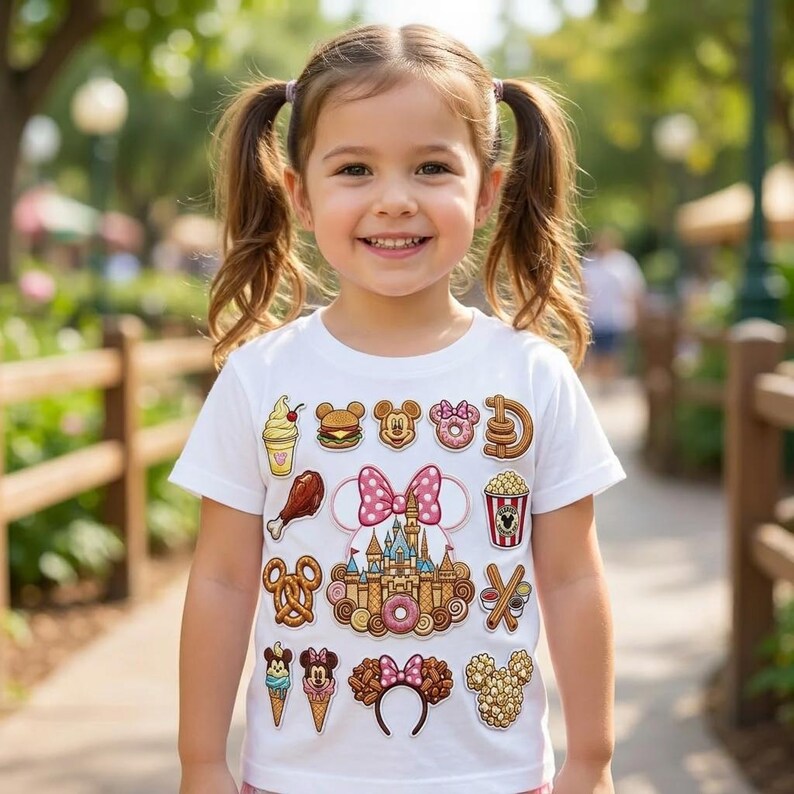May include: A young girl smiles, wearing a white t-shirt adorned with colorful cartoon illustrations of theme park treats and icons. The design includes a castle, Mickey Mouse, Minnie Mouse, popcorn, and pretzels.