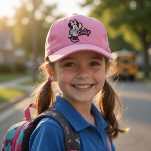 Puede incluir: Gorra de b&eacute;isbol rosa con un dise&ntilde;o de Minnie Mouse y el nombre "Emily". La gorra la lleva una persona joven con coletas, un polo azul y una mochila. El fondo muestra un autob&uacute;s escolar y una calle residencial.