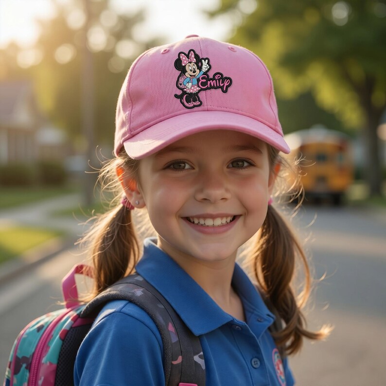 Puede incluir: Gorra de b&eacute;isbol rosa con un dise&ntilde;o de Minnie Mouse y el nombre "Emily". La gorra la lleva una persona joven con coletas, un polo azul y una mochila. El fondo muestra un autob&uacute;s escolar y una calle residencial.