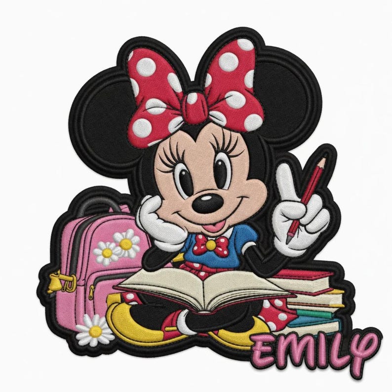 Pu&ograve; includere: Toppa ricamata con Minnie Mouse con fiocco rosso a pois bianchi, vestito blu e matita. &Egrave; seduta davanti a libri e uno zaino rosa con margherite. Il nome "EMILY" &egrave; ricamato sotto.