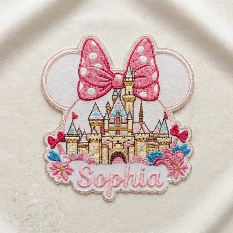 May include: An embroidered patch featuring a castle silhouette with a large pink polka-dot bow at the top. The design includes blue and gold turrets, pink flowers at the base, and the name Sophia stitched in pink cursive lettering at the bottom.