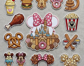 Disney Park Food Embroidered Patch Set, Mickey Minnie Mouse Snack Patch Iron On, Theme Park Food Badge Sew On Backpack, Disney Trip Gift