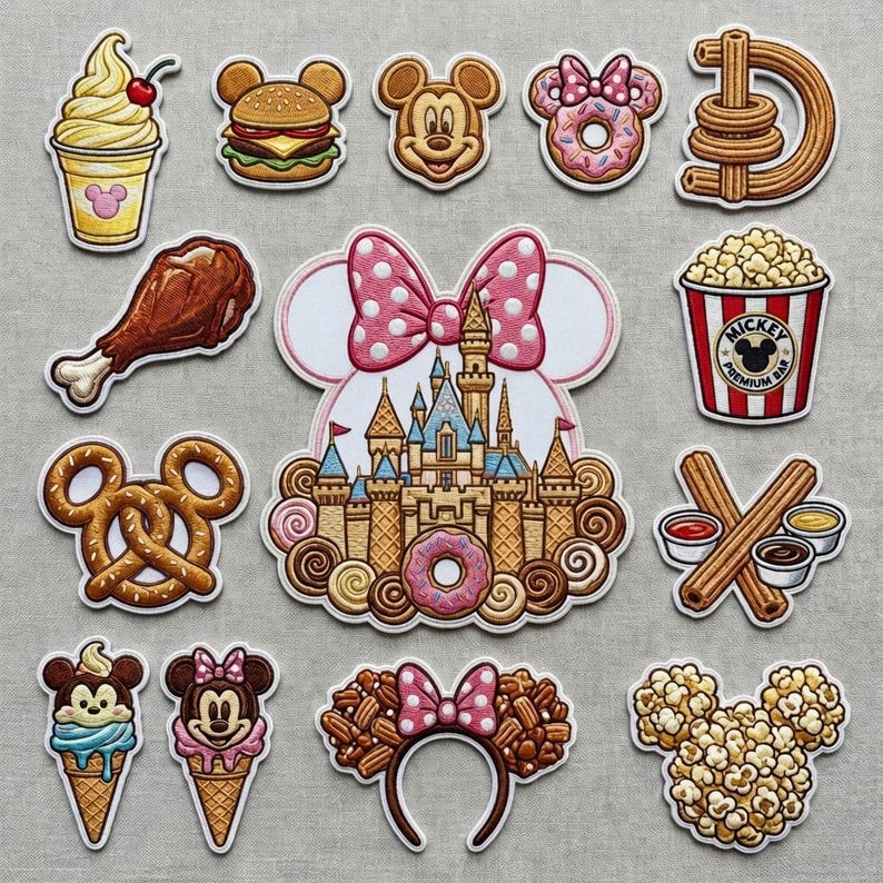 May include: A collection of colorful Disney-themed patches featuring food items and iconic characters. Includes a Mickey Mouse ice cream cone, a burger, a popcorn bucket, a castle, and a pretzel.