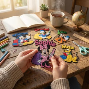 Op de afbeelding: Een verzameling geborduurde patches met Disney-figuren en de namen William, Daniel, Leo, Sophie en Max. Elke patch toont een figuur met schoolspullen zoals rugzakken, boeken en linialen, uitgevoerd in levendige kleuren op textiel.