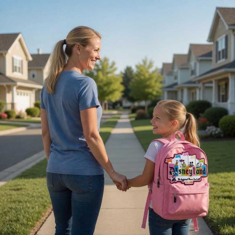 May include: A pink backpack with a Disneyland graphic is carried by a young girl walking with an adult. The backpack features a colorful design with the words "Disneyland" and "The Happiest Place On Earth."