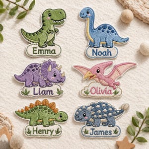 May include: Six embroidered dinosaur patches featuring cartoon designs. The green T-Rex is labeled Emma, the blue long-neck is Noah, the purple triceratops is Liam, the pink pterodactyl is Olivia, the green stegosaurus is Henry, and the blue ankylosaurus is James.