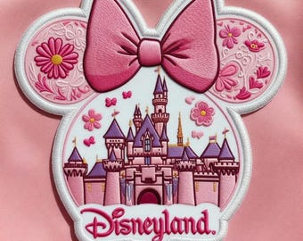 Geborduurde patch Minnie Mouse Castle, Disney Magical Theme Park opstrijkbaar, roze Minnie Bow bloemenbadge opnaaien jas rugzak, Disney cadeau