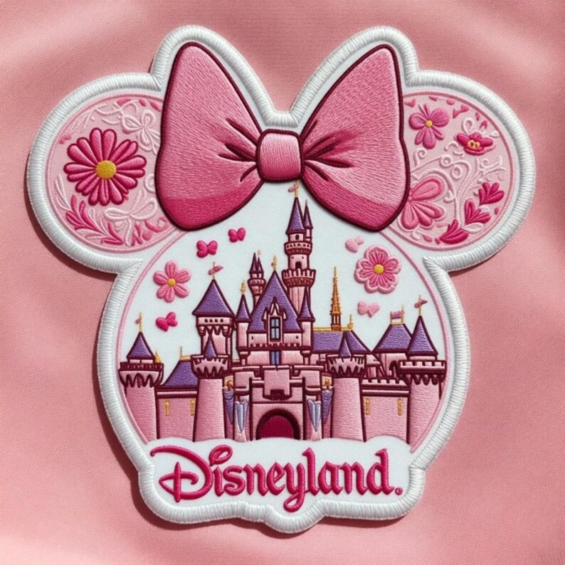 May include: Pink embroidered patch in the shape of Minnie Mouse's head, featuring a pink bow, flowers, and a castle. The word "Disneyland" is embroidered in pink script at the bottom. The patch is on a pink background.