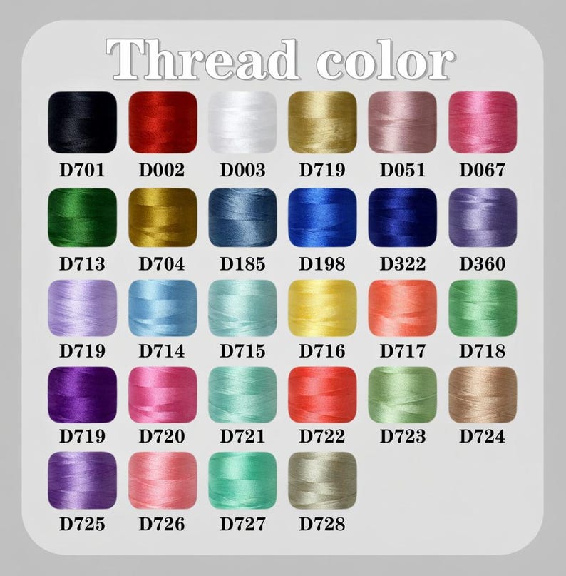 May include: A color chart of embroidery thread samples. The image displays a variety of thread colors, each in a small square with a corresponding code. The text "Thread color" is at the top. Colors include black, red, white, gold, pink, green, blue, purple, yellow, orange, and tan.