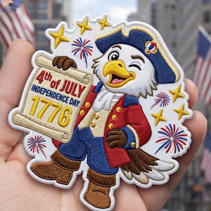 May include: Embroidered patch depicting an eagle in a tricorn hat, holding a scroll with "4th of July Independence Day 1776." The eagle wears a red coat and blue trousers, with stars and fireworks around it. A patriotic design.