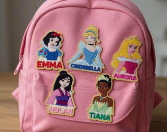 ディズニープリンセスDIYカスタムネーム刺繍パッチ、新学期アイロン接着パッチ、縫い付けフック＆ループガールズバックパックアップリケ