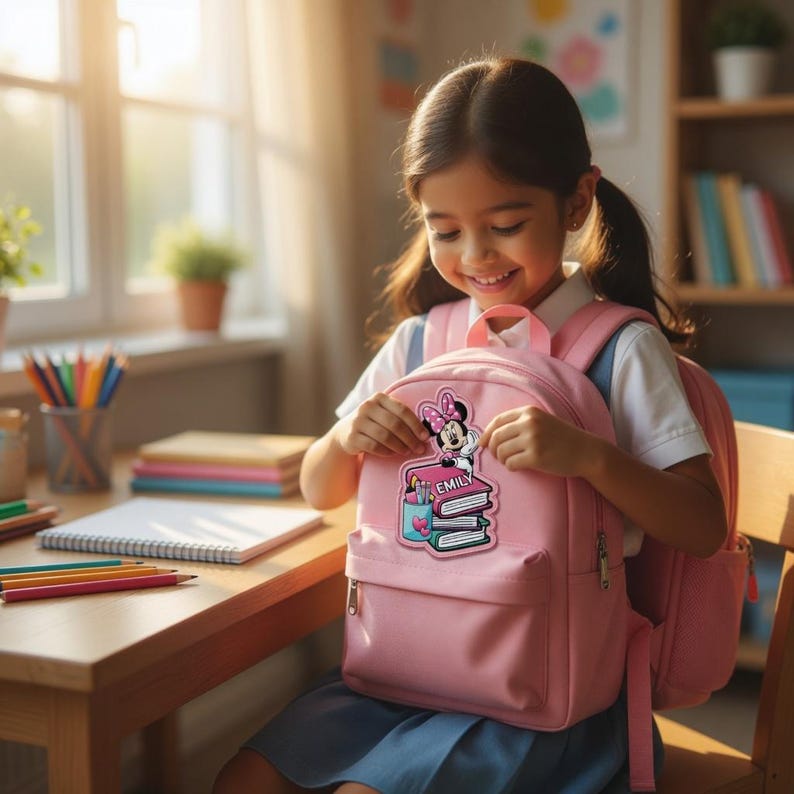 May include: A pink backpack with a Minnie Mouse patch featuring the name "Emily" on a stack of books. The backpack has adjustable straps and a front pocket. The image shows a young girl smiling while holding the backpack.
