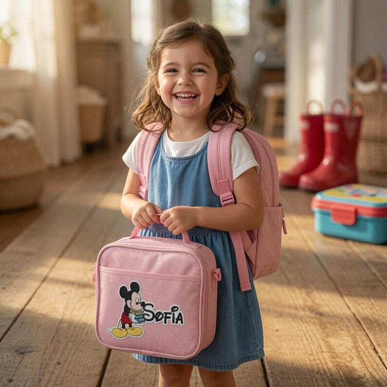 May include: A pink lunch bag featuring a graphic of Mickey Mouse holding books and the name Sofia printed in black text. The bag has a top handle, a zippered closure, and a subtle white polka dot pattern on the fabric surface.