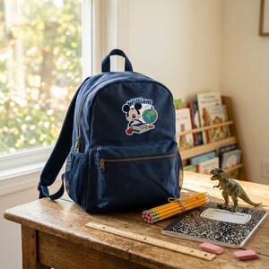 May include: Navy blue backpack with a Mickey Mouse patch that includes the name "William". The backpack has a front pocket, side mesh pocket, and a top handle. Pencils, a notebook, and a toy dinosaur are on the wooden desk.