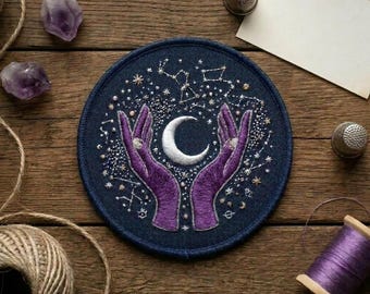 Mystic Moon Hands Embroidered Patch, Celestial Witch Patch Iron On, Constellation Stars Badge Sew On Jacket Backpack, Witchy Moon Gift