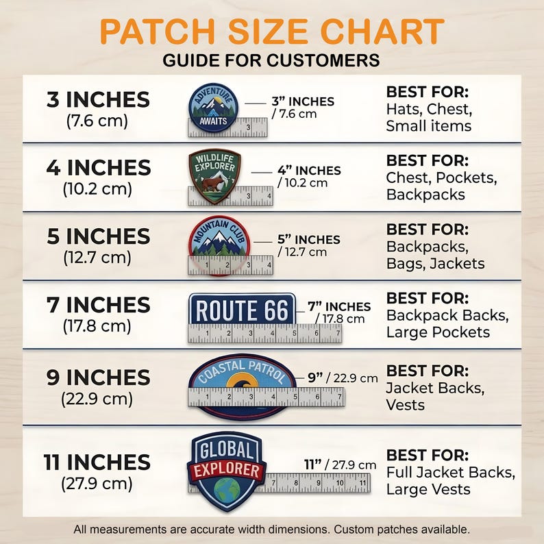 May include: A patch size chart with measurements in inches and centimeters. The chart includes patches ranging from 3 inches (7.6 cm) to 11 inches (27.9 cm), with examples of patch designs and suggested uses, such as hats, backpacks, and jackets.