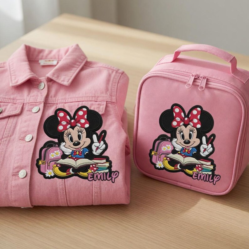 Pu&ograve; includere: Una giacca di jeans rosa e un portapranzo abbinato con un motivo di Minnie Mouse. Il motivo mostra Minnie Mouse con un fiocco rosso a pois, che tiene una penna e fa il segno della pace. Il nome "Emily" &egrave; stampato sotto.