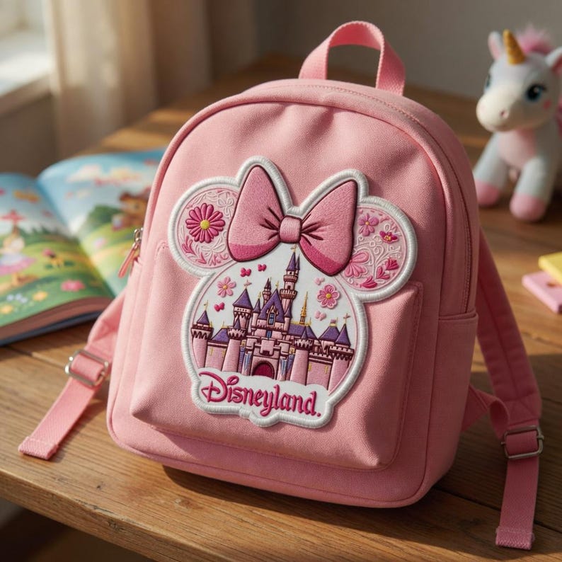 May include: Pink backpack with a Minnie Mouse design, bow, and Disneyland castle. The backpack has adjustable straps, a top handle, and a front pocket. The Disneyland logo is embroidered on the front.