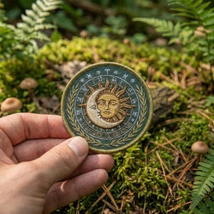 Peut inclure: Écusson brodé rond avec un motif de soleil et de lune avec un visage, entouré de symboles du zodiaque. Le patch a un fond vert avec des détails dorés et crème. Le patch a une bordure cousue.