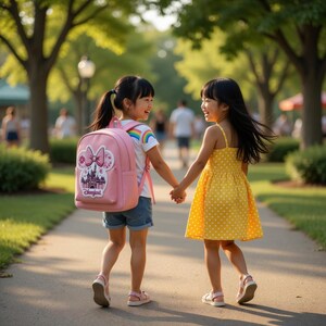 May include: Two young girls walking hand-in-hand on a paved path. One wears a pink backpack with a Disney castle design and a rainbow shirt. The other wears a yellow polka-dot dress. They are smiling and walking towards the viewer.