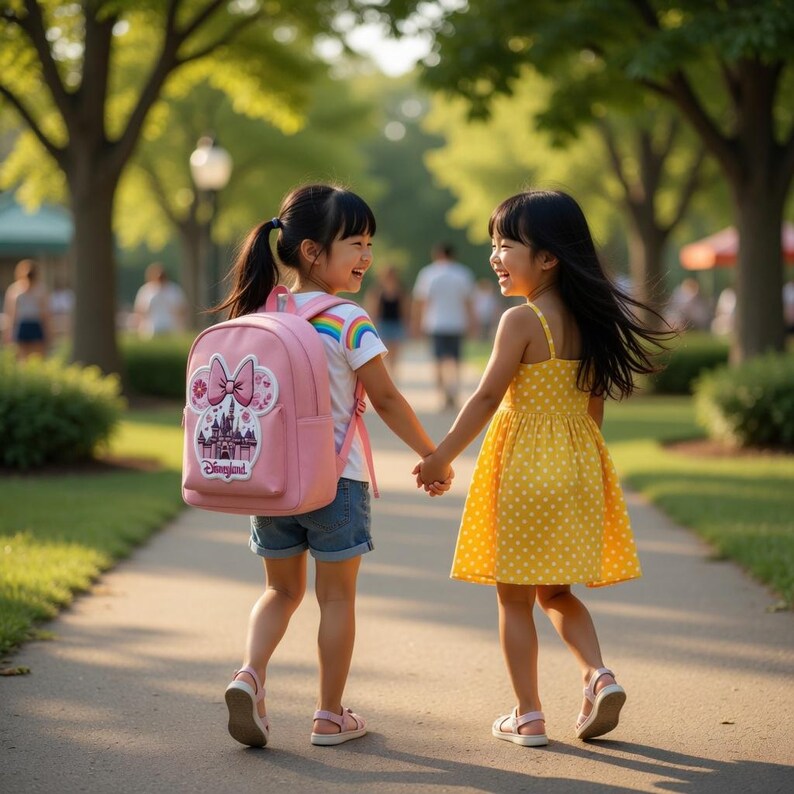 May include: Two young girls walking hand-in-hand on a paved path. One wears a pink backpack with a Disney castle design and a rainbow shirt. The other wears a yellow polka-dot dress. They are smiling and walking towards the viewer.