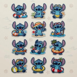 May include: A collection of twelve embroidered patches featuring the character Stitch from Lilo & Stitch. Each patch depicts Stitch in various beach-themed poses, wearing sunglasses, swim trunks, and using beach accessories like a beach ball and a float.