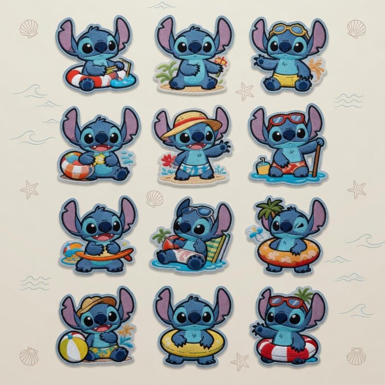 May include: A collection of twelve embroidered patches featuring the character Stitch from Lilo & Stitch. Each patch depicts Stitch in various beach-themed poses, wearing sunglasses, swim trunks, and using beach accessories like a beach ball and a float.