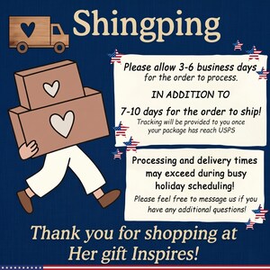 May include: An illustration with a wooden truck and a person carrying two boxes with heart cutouts. Text reads "Shingping" and "Thank you for shopping at Her gift Inspires!"