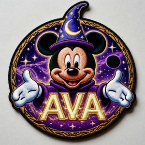 May include: Embroidered patch featuring Mickey Mouse as a wizard, wearing a purple robe and hat with a crescent moon. The patch has the name "AVA" in gold lettering, set against a purple and gold celestial background with stars.