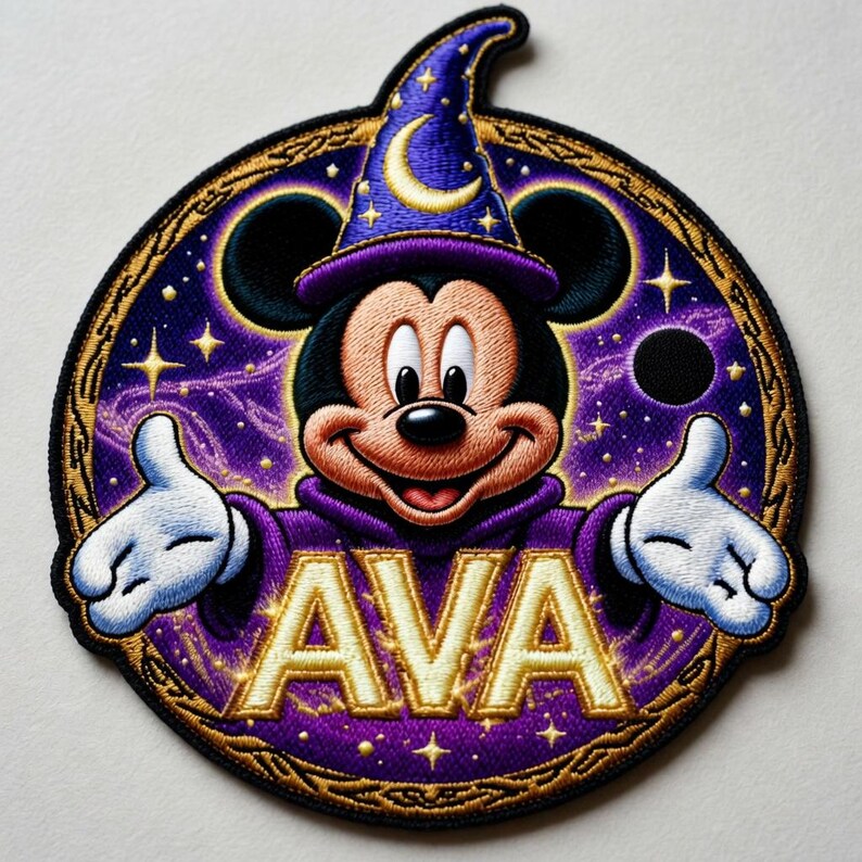 May include: Embroidered patch featuring Mickey Mouse as a wizard, wearing a purple robe and hat with a crescent moon. The patch has the name "AVA" in gold lettering, set against a purple and gold celestial background with stars.