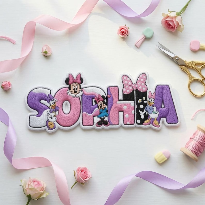 May include: An embroidered name patch featuring the name SOPHIA in a stylized font with purple, pink, and black colors. The design incorporates cartoon characters including Minnie Mouse and Daisy Duck, along with polka dot patterns and bows.