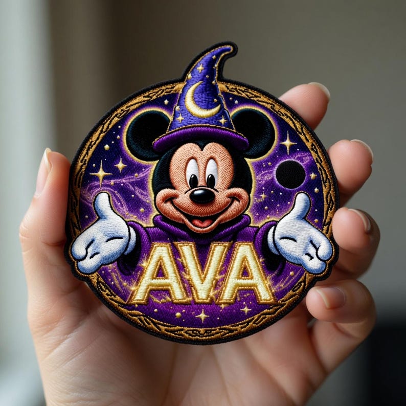 May include: Embroidered patch featuring Mickey Mouse in a wizard's hat and robe, with the name "AVA" in gold lettering. The patch has a purple and gold color scheme with a starry background, and a crescent moon on the hat.