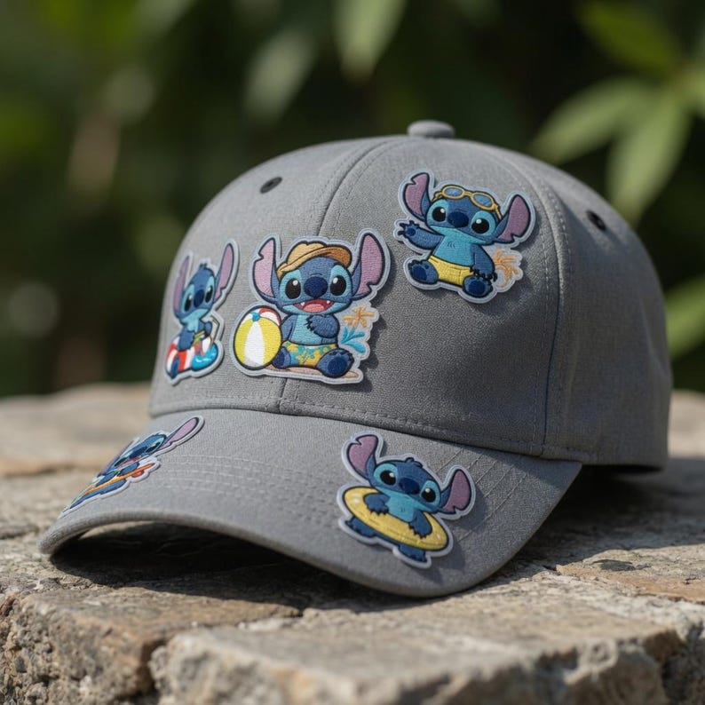 May include: Gray baseball cap decorated with colorful Stitch patches in various beach-themed poses. The patches feature Stitch wearing sunglasses, a hat, and a floatie. The cap is made of a durable fabric and has a curved brim.
