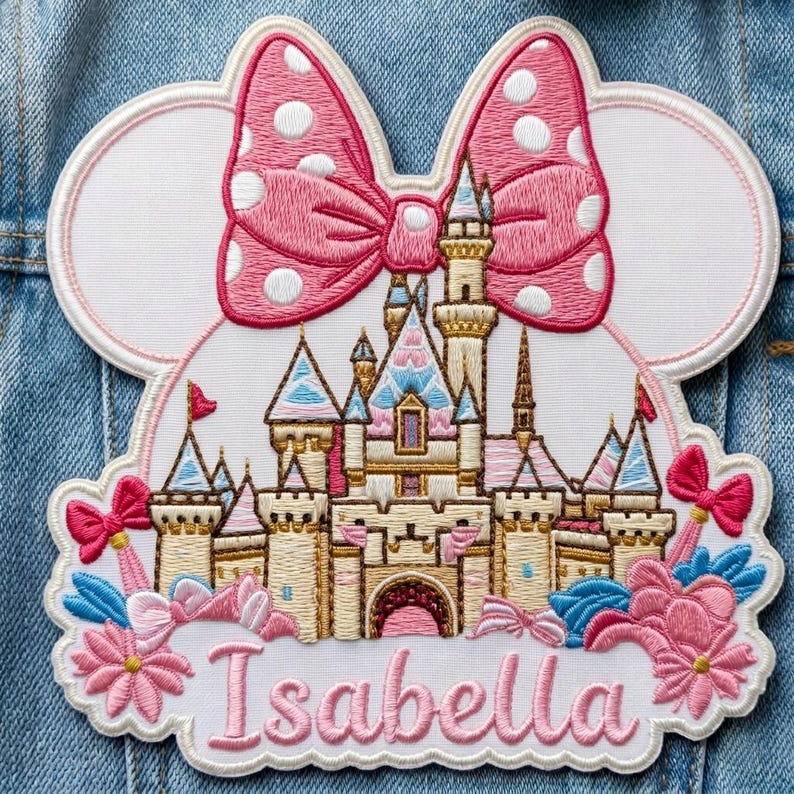 May include: An embroidered patch featuring a castle silhouette with a large pink and white polka dot bow above it. The design includes blue and pink floral accents, small bows, and the name Isabella stitched in pink script at the bottom center.