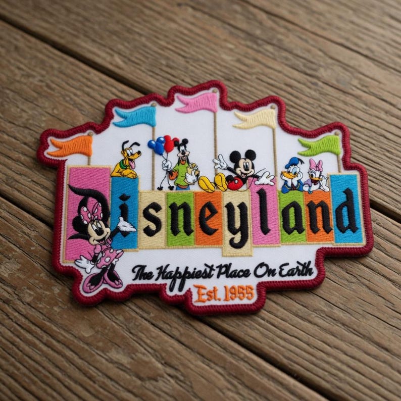 May include: Embroidered Disneyland patch featuring Mickey Mouse, Minnie Mouse, Donald Duck, and Pluto. The patch has a white background with colorful letters and flags, and the text "The Happiest Place On Earth" and "Est. 1955".