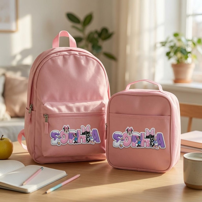 May include: A light pink backpack and a matching lunch bag, both featuring the name SOPHIA in large, purple and white block letters decorated with small cartoon character graphics and polka-dot bow patterns on the front pockets.