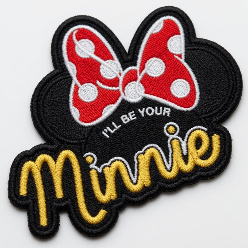 May include: Embroidered patch featuring a red bow with white polka dots, black mouse ears, and the text "I'll be your Minnie" in white and yellow. The patch has a black border.