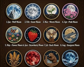 Inheemse maan geborduurde patch, 12 maanden maan patch opstrijkbaar, Wolf Moon Harvest Moon badge naai jas rugzak, cadeau maanliefhebber
