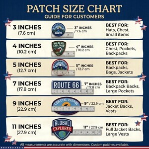 May include: A patch size chart with measurements in inches and centimeters. The chart includes patch sizes from 3 inches (7.6 cm) to 11 inches (27.9 cm), with examples of patch designs and suggested uses like hats, backpacks, and jackets.