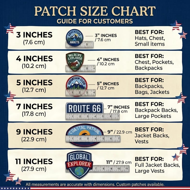 May include: A patch size chart with measurements in inches and centimeters. The chart includes patch sizes from 3 inches (7.6 cm) to 11 inches (27.9 cm), with examples of patch designs and suggested uses like hats, backpacks, and jackets.
