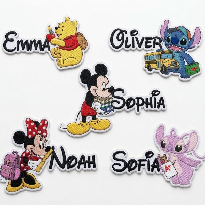 May include: Five embroidered patches featuring cartoon characters and names. Winnie the Pooh with 'Emma', Stitch with a school bus and 'Oliver', Mickey Mouse holding books with 'Sophia', Minnie Mouse with a backpack and 'Noah', and Angel with 'Sofia'.