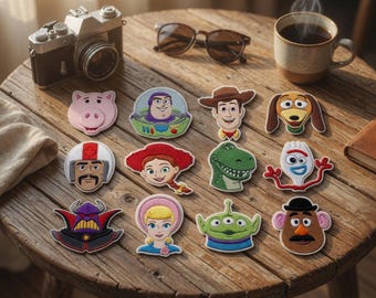 May include: A collection of eleven embroidered patches featuring various animated characters, including a pig, a space ranger, a cowboy, a dog, a stunt performer, a cowgirl, a green dinosaur, a white spork, a purple villain, a blonde doll, and a potato figure.