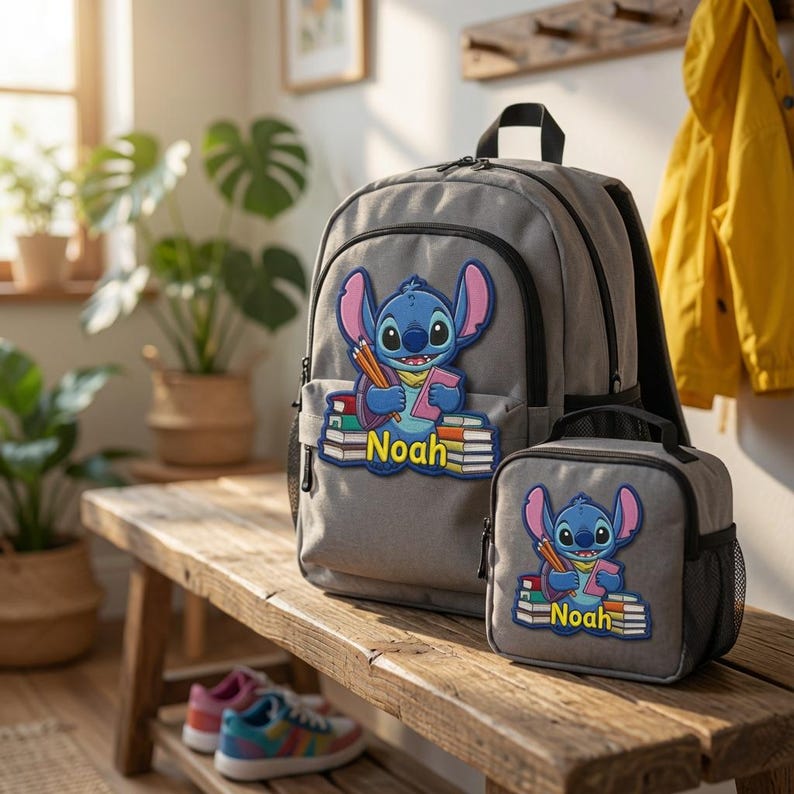 May include: A gray backpack and a matching lunch bag, both featuring a patch of the blue character Stitch holding a pink book and pencils, with a stack of books and the name Noah printed in yellow letters on a blue background on each item.