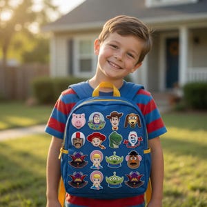 May include: A blue backpack featuring a yellow top handle and various embroidered patches of animated characters including a pig, a space ranger, a cowboy, a dog, a cowgirl, a green dinosaur, a spork, and an alien on the front pocket.
